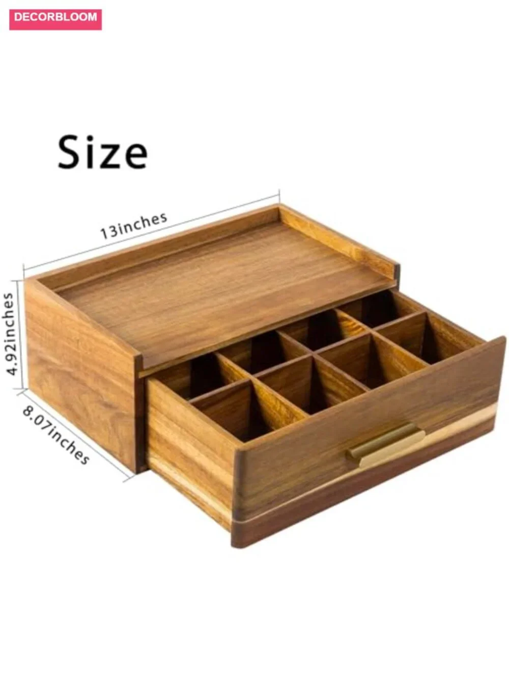 Acacia Wood Tea Bag Organizer with Storage Drawer and 8 Compartments
